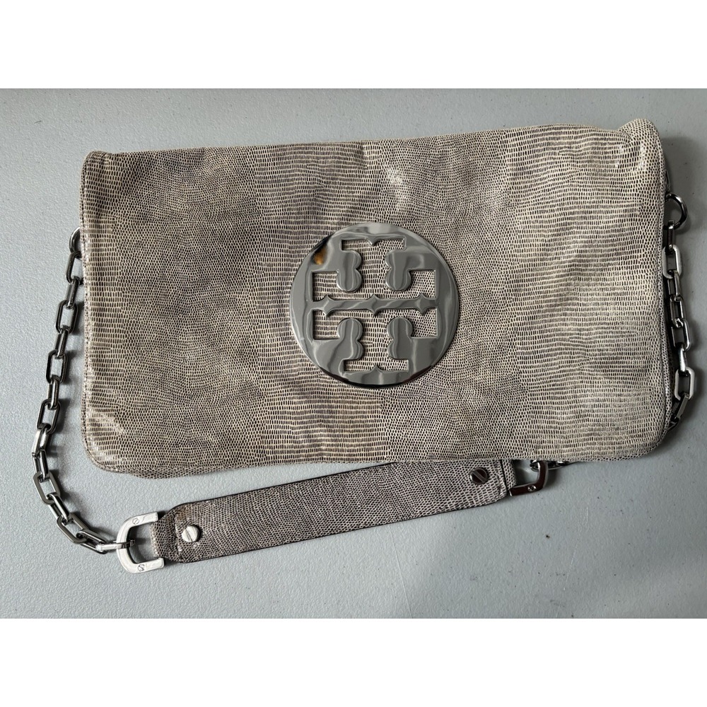 Authentic Tory Burch Silver Reva Metallic Snake Embossed Leather Clutch Handbag